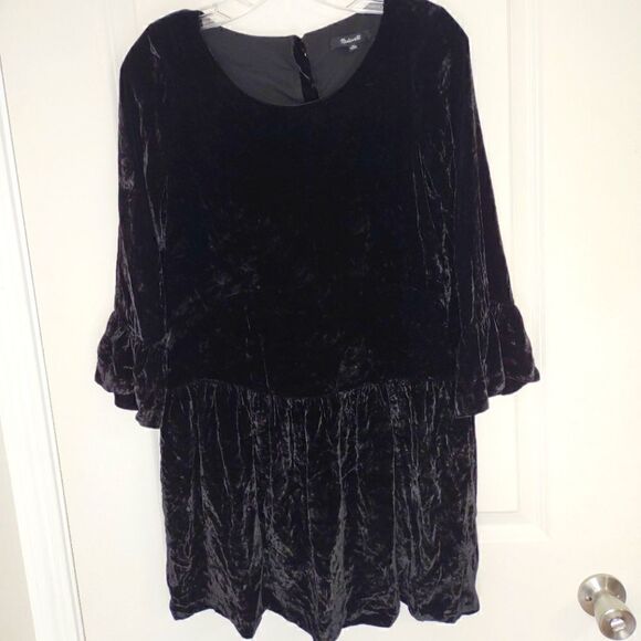 Madewell Black Dress Velvet Long Bell Sleeves Scoop Neck Drop Fit & Flare XS - Picture 11 of 11